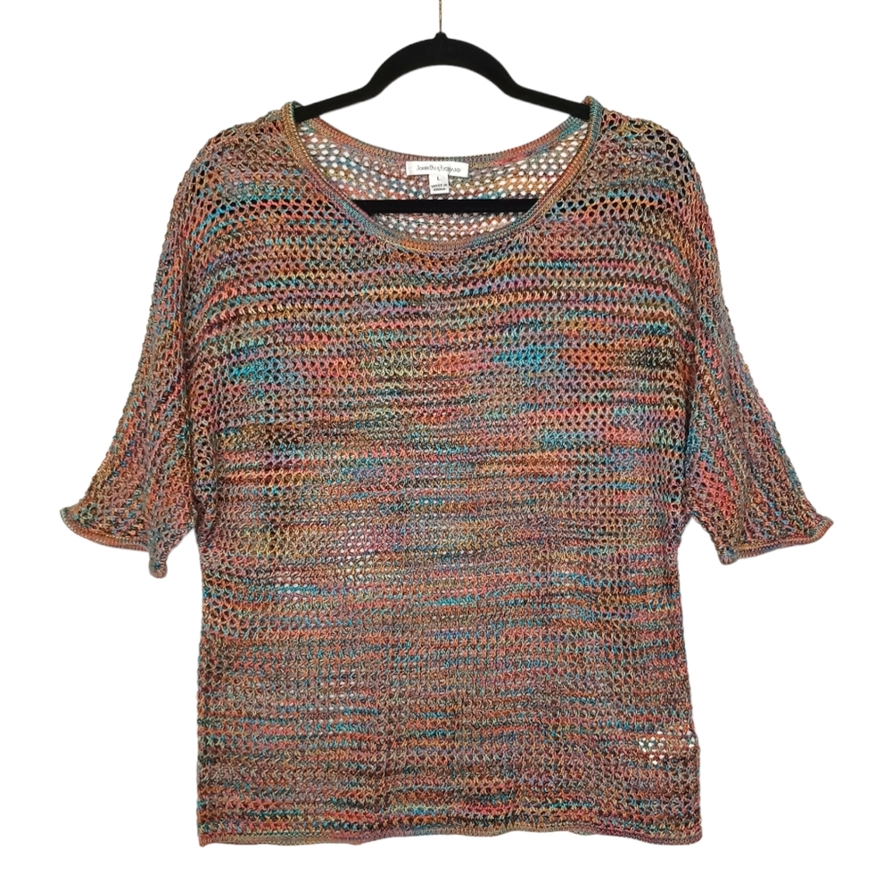 JOHN PAUL RICHARD Colorful Blue Pink Yellow Knit Short Sleeve Stretchy Top L